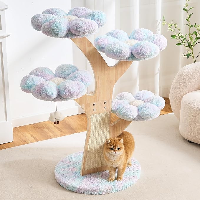 Aesthetic Flower Cat Tree Tower with Scratching Post for Indoor Cats, 48" Modern Cat Tree with Wood Sculpted Branch, Flower Cat Beds, Scratching Board & Interactive Squeaky Toy, Dreamy Blue