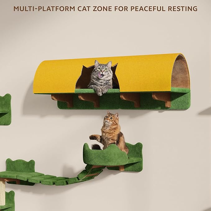 Cat Wall Shelves, Wall Mounted Pet Shelf Furniture w/Plush Fabric(26 Piece Set), 63''H Cat Tower w/Scratching Posts, Cats Furniture with 40''L Tunnel, Condos, House, Steps and Ladder, Green