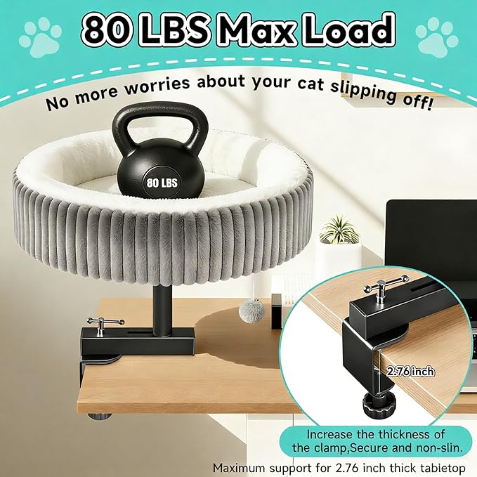 TNELTUEB Cat Desk Bed - 360° Rotating,Clamp On Cat Bed for Desks, Adjustable High Support Up to80 lbs for Office, Game Table, Island Tables, Desktop Attachment Hammock Grey