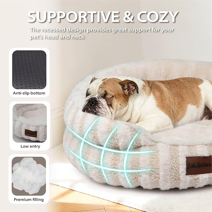 Cat Bed Kitten Bed - Washable Round Cat Beds for Indoor Cats, Soft Corduroy Fleece Pet Bed for Puppy and Kitten with Removable Double Sided Inner Cousion, 20", Beige