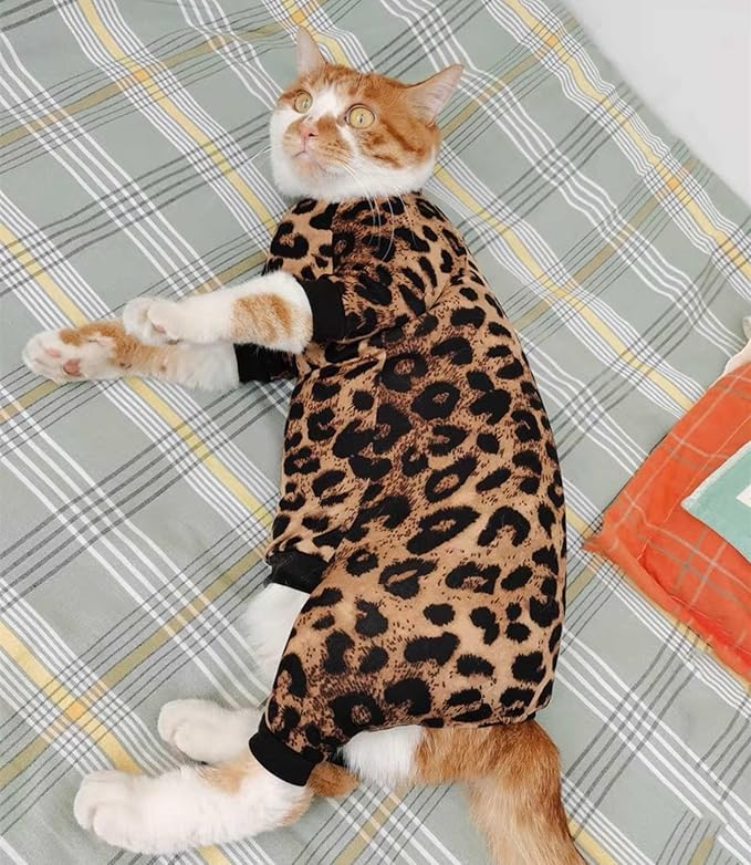 Sphynx Hairless Cat Four Leg Breathable Summer Spandex Pajamas Elastic Pet Clothes Cat Surgery Recovery Suit Vest Kitten T-Shirts Cats & Small Dogs Apparel (Leopard, XL (12-14.3 lbs))