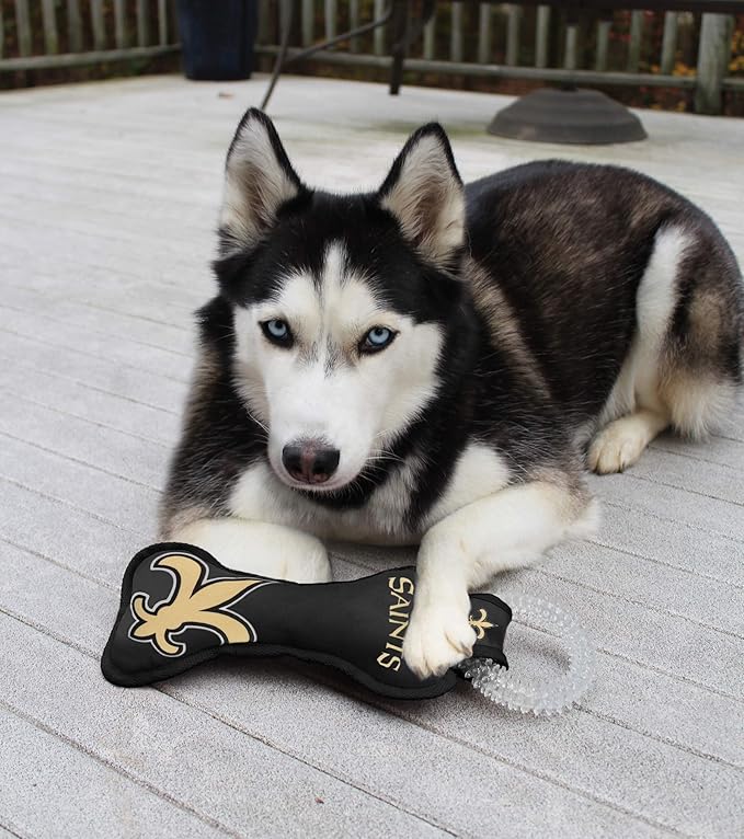 Pets First NFL New Orleans Saints Dental Dog TUG Toy with Squeaker. Tough PET Toy for Healthy Fun, Teething & Cleaning Pet's Teeth & Gum.