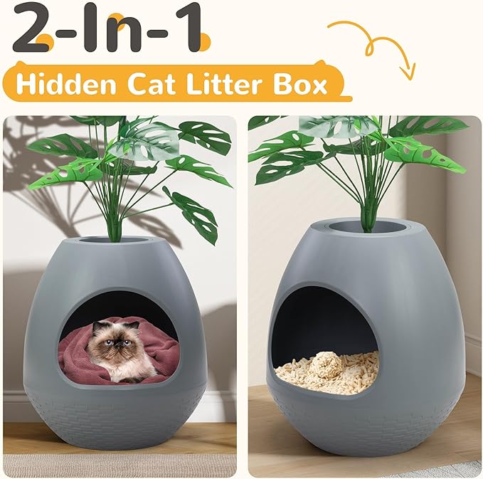 Eggloa6 Hidden Cat Litter Box with Artificial Plants - Egg-Shaped Enclosure Includes Scoop, Discreet Furniture for Home Decor, DIY Assembly Cat Litter Box Cabinet for Living Room(Grey)