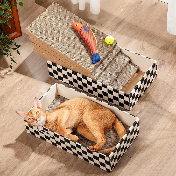 Conlun Cat Scratcher Box with 4 Scratching Pads&2 Separate Cardboard Boxes,2-in-1 Cardboard Cat Scratch for Multiple Kitten Interactive Play,Checkered(Ball & Fish Catnip Toy Included)