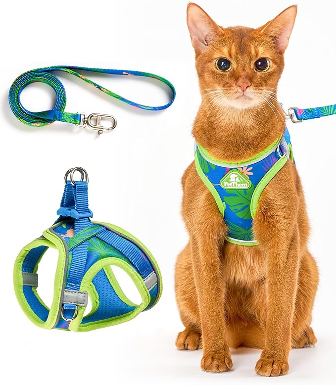 PetThem Upgraded Cat Harness and Leash Set - Step-in Escape Proof Adjustable Cat Harness, Comfortable Soft Lightweight, Reflective Harness for Walking, Travel, Camping (Hawaii Green, XXS)