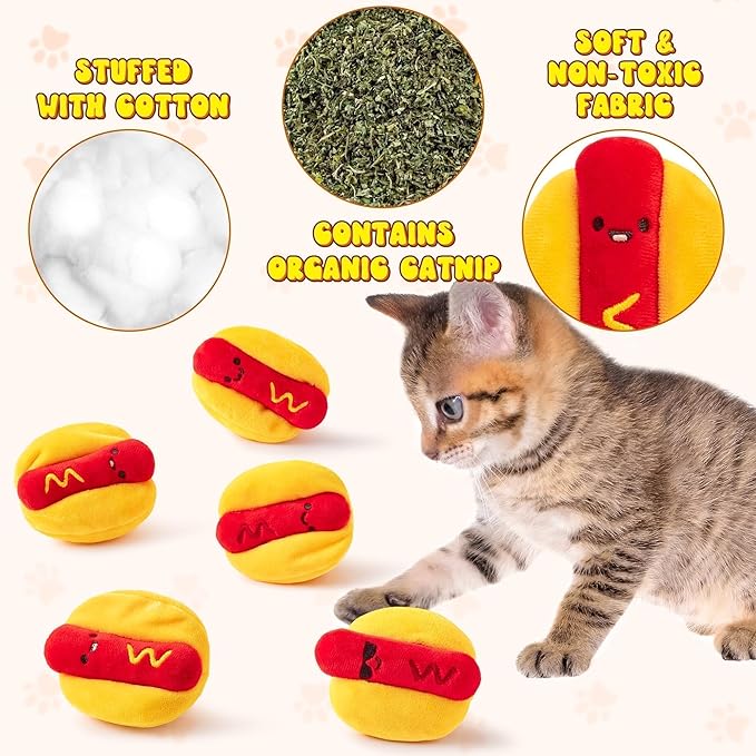 L1rabe Hot Dog Catnip Stuffed Toys for Cats - 5Pcs Pet Days Funny Kitten Toys Indoor Yellow Interactive Pet Supplies, Kitten Chew Bite Tools Cat Lovers Gifts, Organic Eco-Friendly Birthday Present