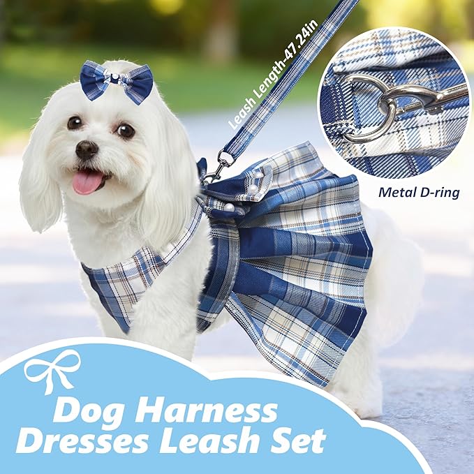 Dog Dress Bowknot Harness Leash Set for Small Dogs Girl Cute Plaid Dog Dress Pearls Bow Tie Spring Summer Princess Clothes Birthday Holiday Doggie Outfits for Puppy Cats Girl (Lake Blue, X-Large)