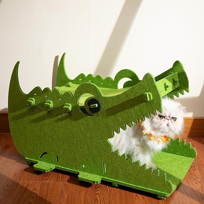 Cat Bed House Cave, for 25 LBs Indoor Cats, Large Cute Crocodile Felt Pet Perch, Scratcher Washable Kitten Playhouse, Enclosed Small Dogs Puppy Nest, Multi Layer Peekaboo Kitty Bedside Cube Furniture