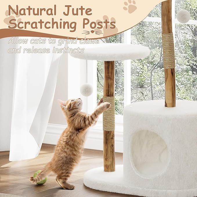 Modern Real Wood Cat Tree Tower, Multi-Level Cat Condo with Natural Wicker Basket, Scratching Posts & Dangling Balls, Tall Climbing Trees Pet Furniture with Platforms for Large Cats