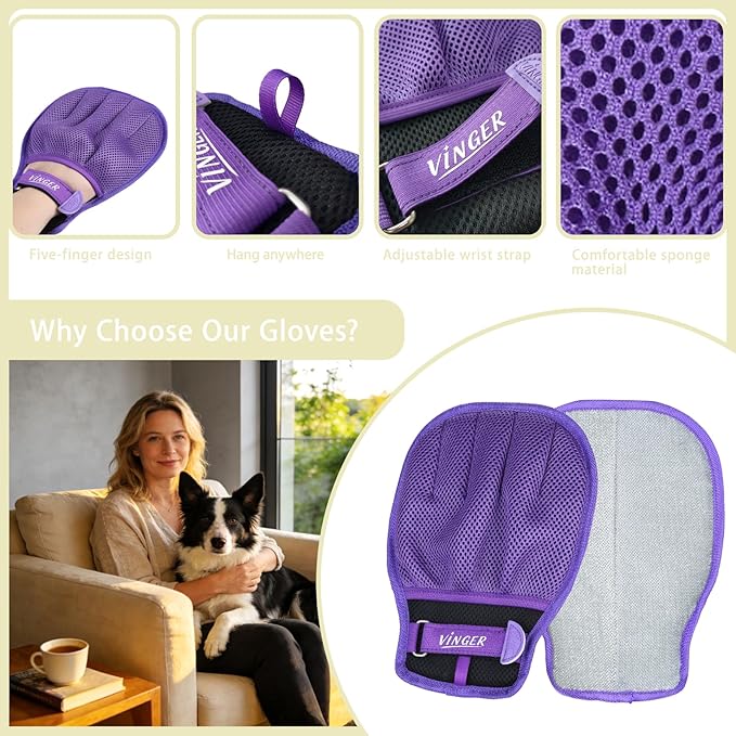 VINGER Pet Hair Removal Glove for Cats & Dogs, Electrostatic Pet Hair Gloves with Adjustable Wristband, Five-Finger Magic Brush Remover Tool for Laundry, Carpet, Couch, Car Seats & Clothing (Purple)