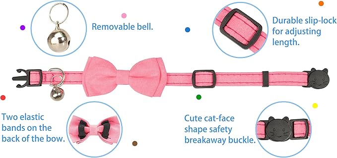 Cat Collar with Bow Tie Bell Breakaway Kitten Small Pet Safety Solid Wedding Basic Pure Color Suede Soft Adjustable [3pcs] Cream & Pink & Rose Red