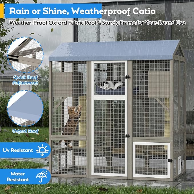 Catio Outdoor Cat Enclosure with Window Access, Large Walk in Cat House Outdoor Kitty Cage with 7 Jumping Platforms, Scratching Posts, Hammock, Slide & Clean Litter Box Access