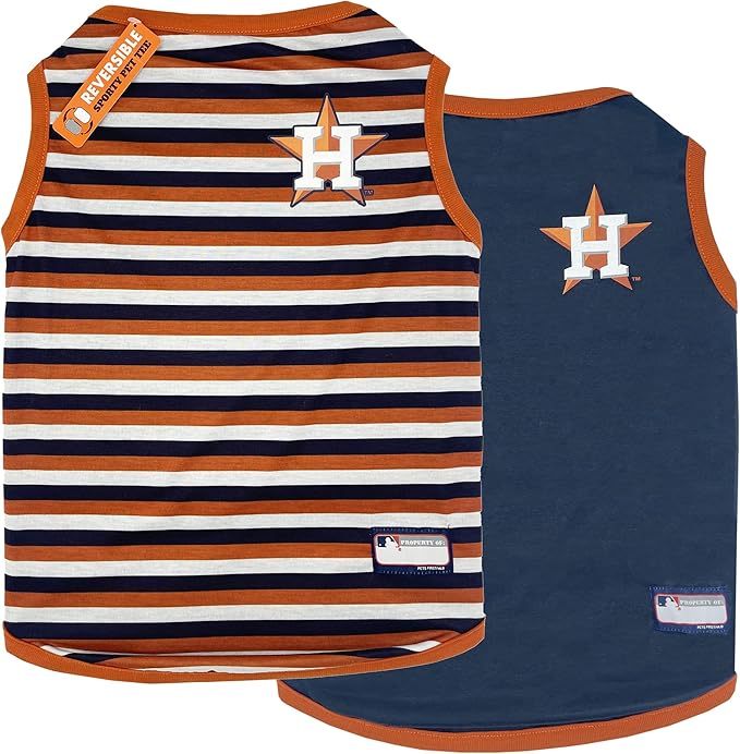 Pets First MLB Houston Astros Reversible T-Shirt, Large for Dogs & Cats. A Pet Shirt with The Team Logo; Stripe Tee Shirt on one Side; Solid Design on The Other Side!, Team Color, (AST-4158-LG)