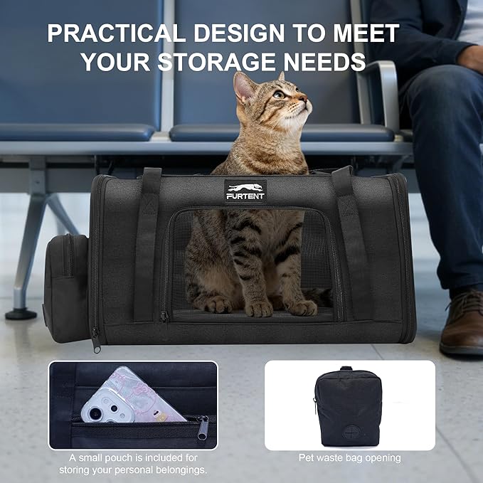 Soft Sided Cat Carrier Airline Approved up to 15lbs, 17x11x9.5 Inch Ventilated Pet Travel Bag with Foldable Litter Box & Storage, Portable Cat Transport Carrier for Flights Car Vet Black