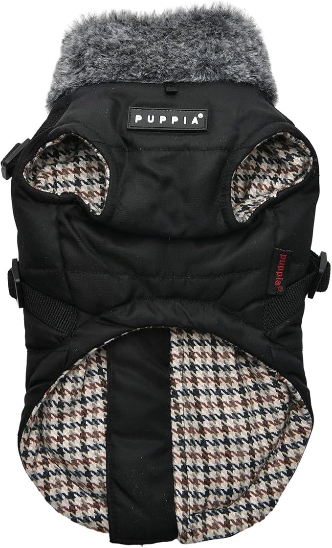 Puppia Donavan Winter Dog Coat with Integrated Harness No Pull Cold Weather Waterproof Warm Fleece Back Zipper for Small & Medium Dog, Black, Medium