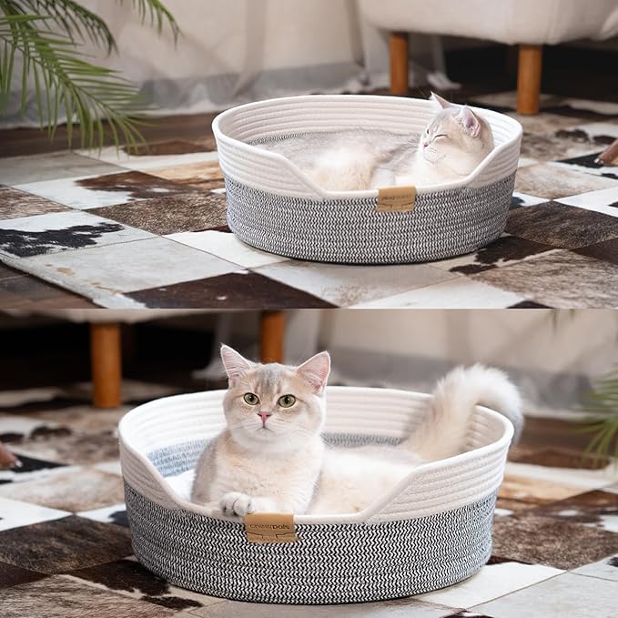 CHEERHOME PETS Cat Bed Basket with Cushion, Cotton Rope Woven Pet Bed for Indoor Cats Couch, Stimulicat Cat Bed Handwoven Breathable, All Season Universal (Grey)