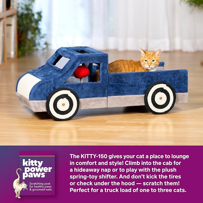 Prevue Pet Products Kitty-150 Cat and Dog Bed and Play Truck - Funny Novelty Dog & Cat Car Bed with Scratcher, Large & Cozy, Easy to Assemble, Removable Pillow, Included Swatting Toy - Blue