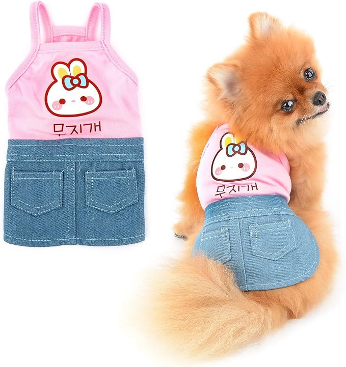 PAIDEFUL Small Girls Dog Denim Dress Spring Summer Sundress Cartoon Patch Soft Comfortable Puppy Clothes Cute Sleeveless Pullover Cats Costume Birthday Party, Pink, XS