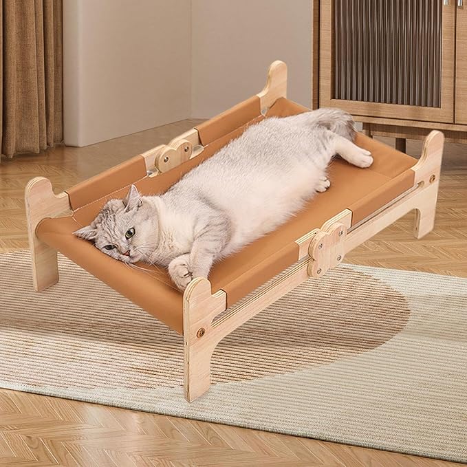 Cat Wooden Hammock Bed Sleeping Elevated Soft Supplies Breathable Couch Pet Furniture Cat Dog Bed for Indoor Cats Puppy Pet, Brown