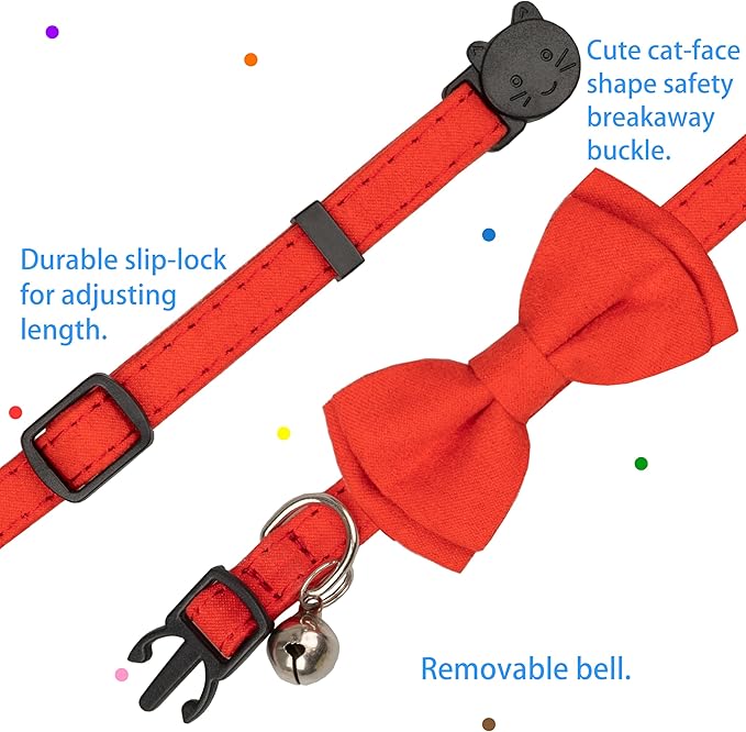 Cat Collar with Bow Tie Bell Breakaway Kitten Small Pet Safety Solid Wedding Basic Pure Color Suede Soft Adjustable [1pc] Red