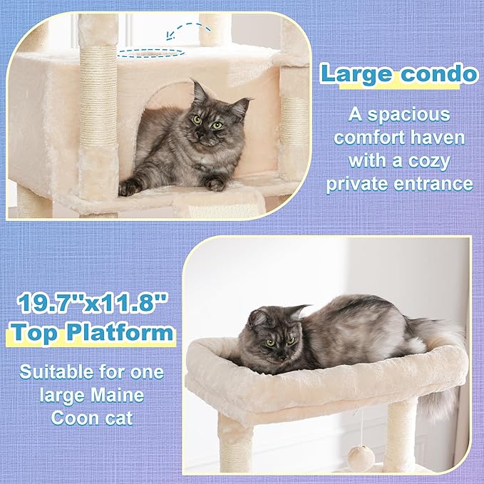 Hey-brother Cat Tree Tower, Scratching Posts with Extra Large Platform and Basket, Specious Condo, 2 Cozy Hammocks, Scratch Board for Indoor Adult Cats, Maine Coon 71.7 inches, Beige MPJ080M
