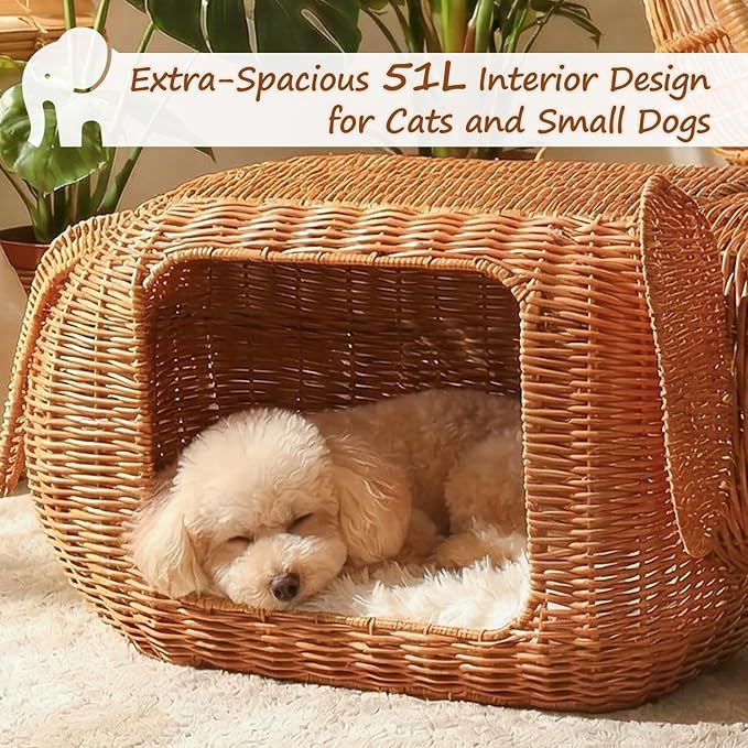 MUTTROS Elephant Rattan Cat Condo Bed for Indoor Cats, Handwoven Wicker Cat House with Thick Plush Cushion for Large Cat and Kitten, Sturdy Pet Hideaway for Small Dog Rabbits-35x12x13 Inches