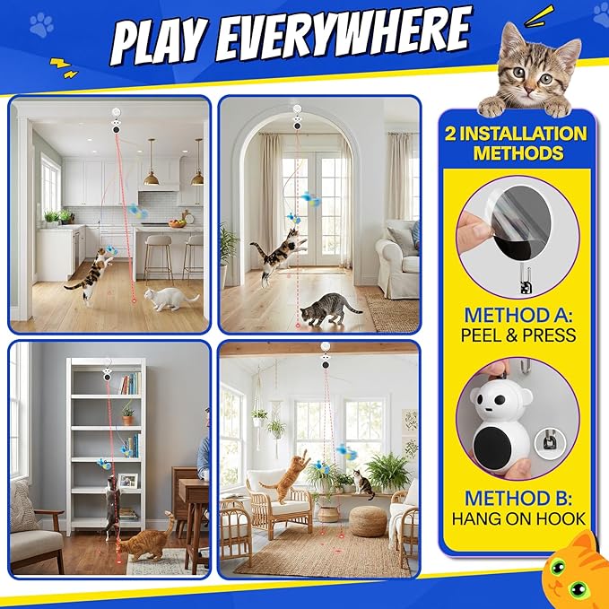 Interactive Cat Toys for Indoor Cats - 2 in 1 Automatic Laser Pointer Cat Toy with Feather Flying Bird，Smart Moving Mouse Wand Toy, Auto On/Off Hanging Toys for Bored Kitten & Adult Cats(Blue)