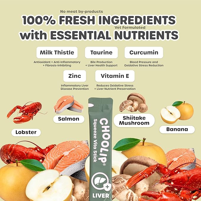 Choolip Squeeze Vita Stick Liver Support Lickable Cat and Dog Treats – 49-Count Salmon and Lobster Sticks with Milk Thistle, CoQ10 and Vitamin E – Box with 7 Pouches, Vet-Formulated