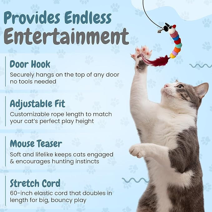 Interactive Cat Toys for Indoor Cats - Hanging Door Cat Toy with Bouncy Mouse and Bell - Door-Mounted Fun Toy for Cats at Home - Includes 2 Bonus Attachments