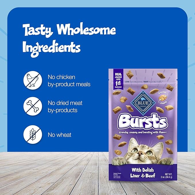 Blue Buffalo Bursts Crunchy & Creamy Cat Treats, Great for Training, Delish Liver & Beef, 12-oz. Tub (Pack of 4)