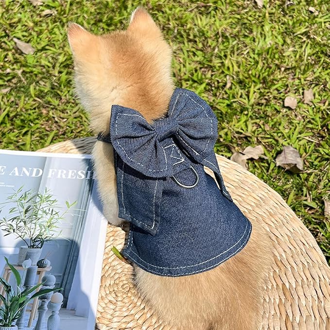 Denim Pet Dress & Vest Harness for Dog Cat, Male Female Universal with D-Ring, Bow Decor Ruffled Skirt Breathable Clothes for Small to Large Pets (X-Large, Jacket-Cyan Denim)