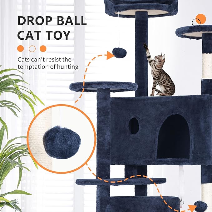 70 Inch Cat Tree Tower - Multi-Level Kitten Condo with Scratching Post, Plush Perch, Dangling Ball - Heavy Duty for Large Cats - Navy Blue