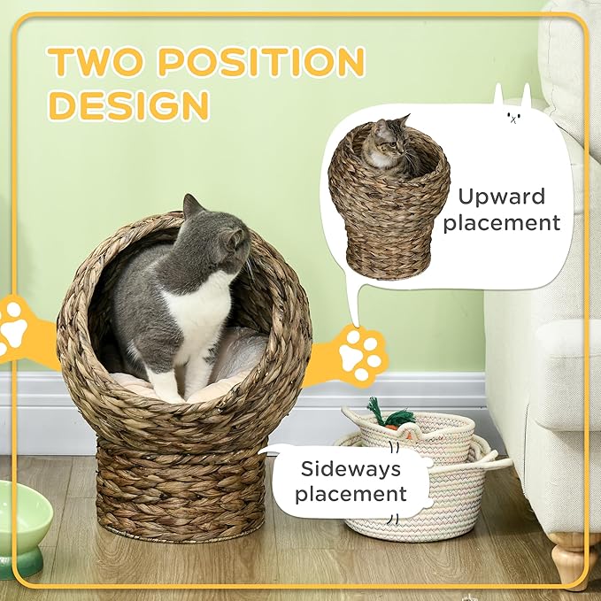 PawHut Handwoven Elevated Cat Bed with Soft Cushion & Egg Chair Shape, Basket Bed Kitty House with Stand, Raised Wicker House for Indoor Cats, 20" H, Gray