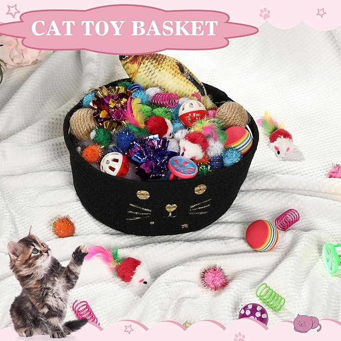 Zopeal 58 Pcs Summer Graduation Cat Storage Basket Gift Toys Set, Colorful Flashing Balls Pet Bell Crinkle Balls Spring Toys Attract Cat to Swat, Hunt, Interactive for Pet(Black,9.8 Inch)