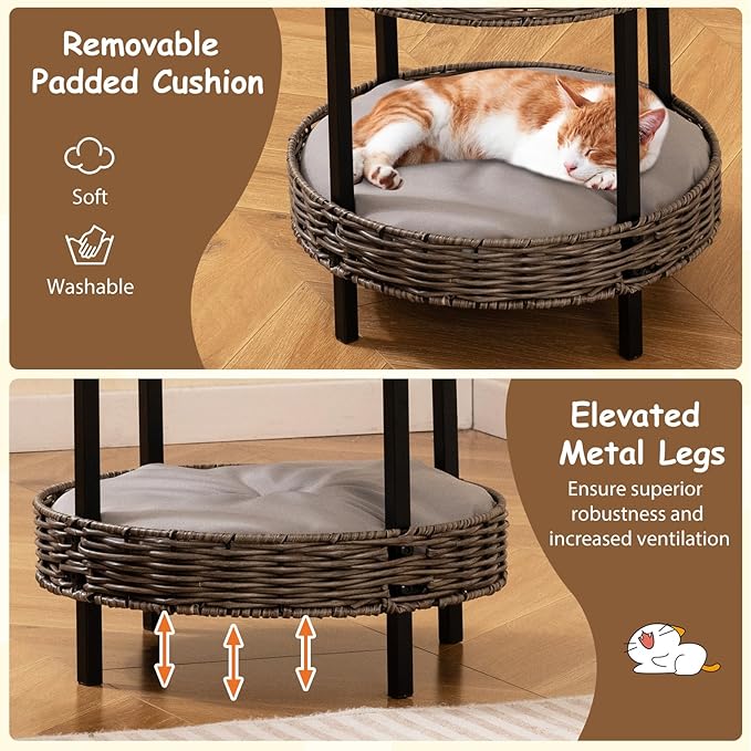 Tangkula 2-Tier Rattan Cat Nest, Wicker Kitten Condo with Removable Padded Cushion, Raised Cat Bed for Small Animals, Indoor & Outdoor Elevated Pet Shelter for Home, Deck, Balcony
