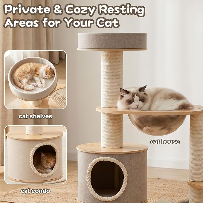45IN Wooden Cat Tree for Large Indoor Cats, Multi-Level Cat Tower with Wide Base, Rubberwood Cat Condo, Space Capsule Bed, Scratching Posts, Reversible Mats & Modern Cat Furniture