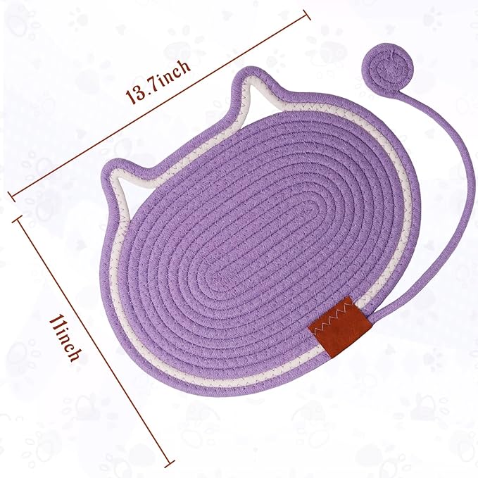 Cat Scratcher Mat Natural Cotton Rope Oval Horizontal Floor Cat Scratch Bed Pad with Ball Toy Protector for Furniture Floor Wall (Purple, 2 PC)