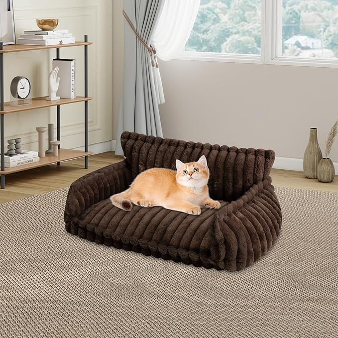 Fluffy Pet Couch Bed with Removable Washable Cover, Dark Brown Rabbit Plush Dog Cat Bed for Small Medium Pets, L Size Couch with Non-Slip Bottom and Pillow (Brown)