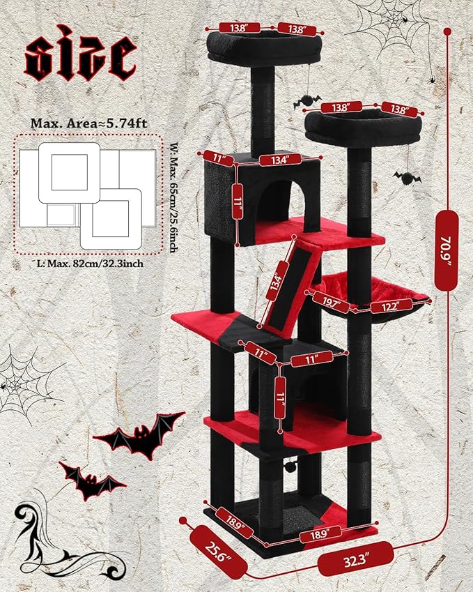 MUTTROS Gothic Cat Tree for Large Cats, 70.9" Tall Black Cat Tower with Coffin Bed, Cat Condo, Sisal Scratching Posts & Top Perch, Spider Hanging Ball, Multi-Level Spooky Cat Tree, Halloween, Black