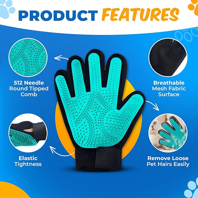 Pet Hair Removal Glove for Dogs & Cats – Dog Grooming Gloves for Shedding, Pet Hair Remover Glove – Pet Grooming Gloves, Cat Grooming Gloves & Cat Brush Glove (Glove + Brushes)