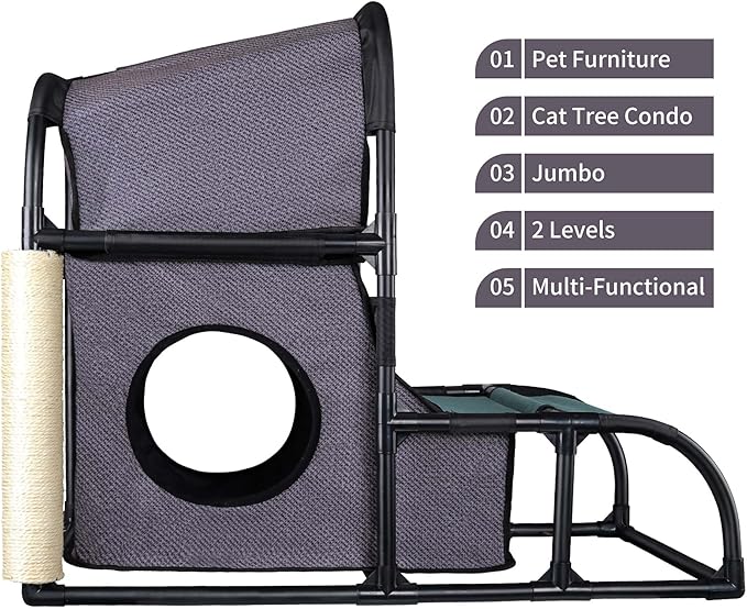 Goetland PVC Modern Cat Condo House Tree Medium Tower Bed Scratching Post Climber With Peek Hole and Dangling Ball for Kitty Indoors Dark Grey