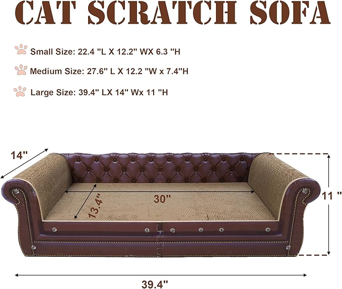 COOZMENT Scratching Sofa, Couch Shaped Thick Scratching Cardboard, Lounge Bed for Indoor Rest&Play, Sofa Scratcher Pad (Brown, 39.4" L X 14" W X 11" H)
