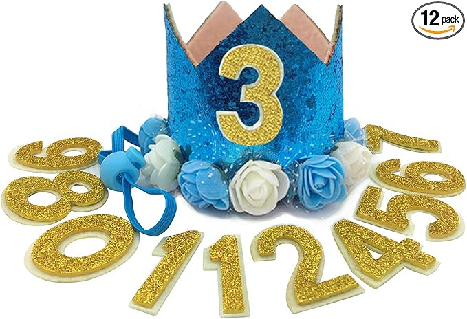 Dog Birthday Hat Adjustable Reusable Crown for Dogs Cats Puppy Kitten Birthday Party Headband with Numbers(Blue)