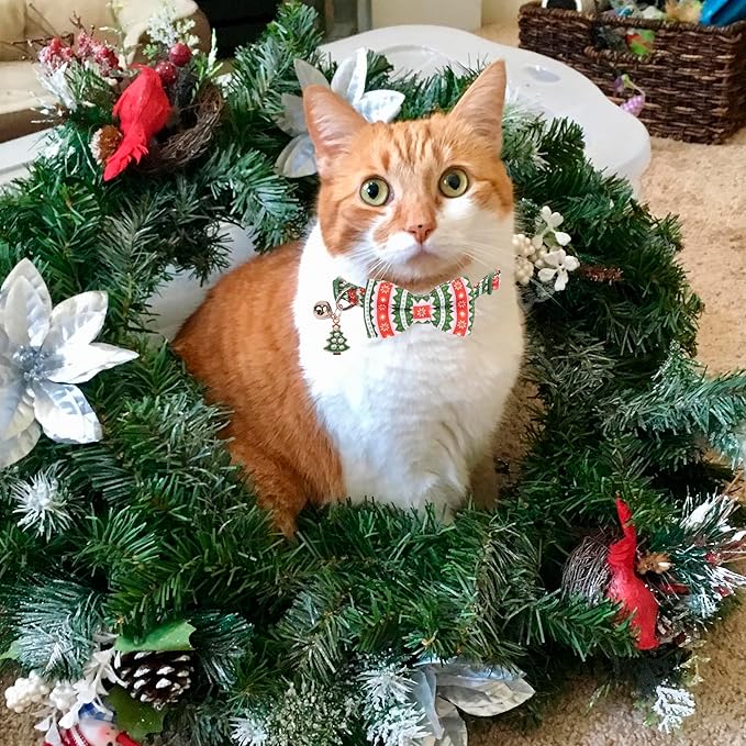 ADOGGYGO Christmas Cat Collar with Bowtie Bell - 2 Pack Red Green Cat Christmas Bowtie Collars