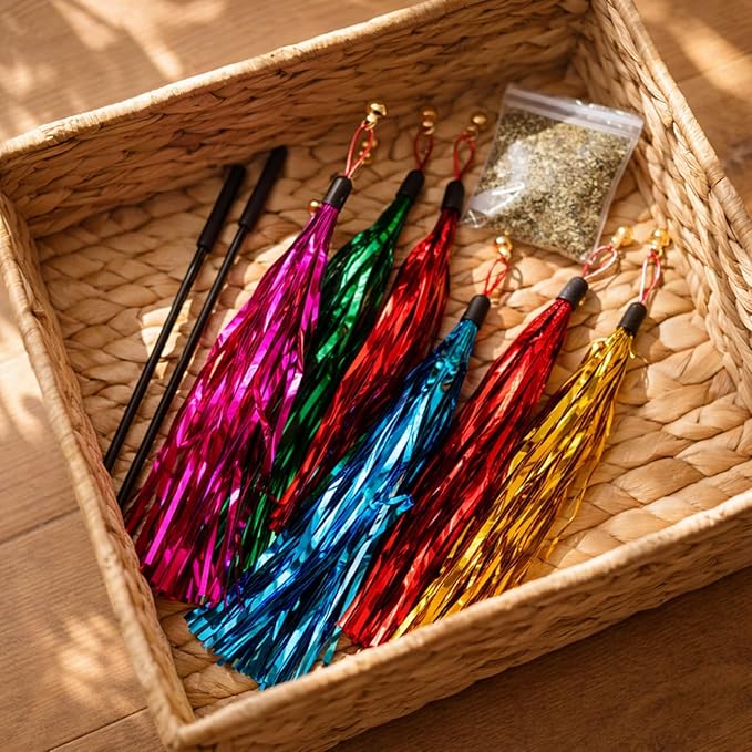 LUOZZY 8 Pcs Cat Teaser Wand Replacement with Bell Metallic Foil Tassel Cat Wand Toys Interactive Catcher Teaser for Pet, Random Color