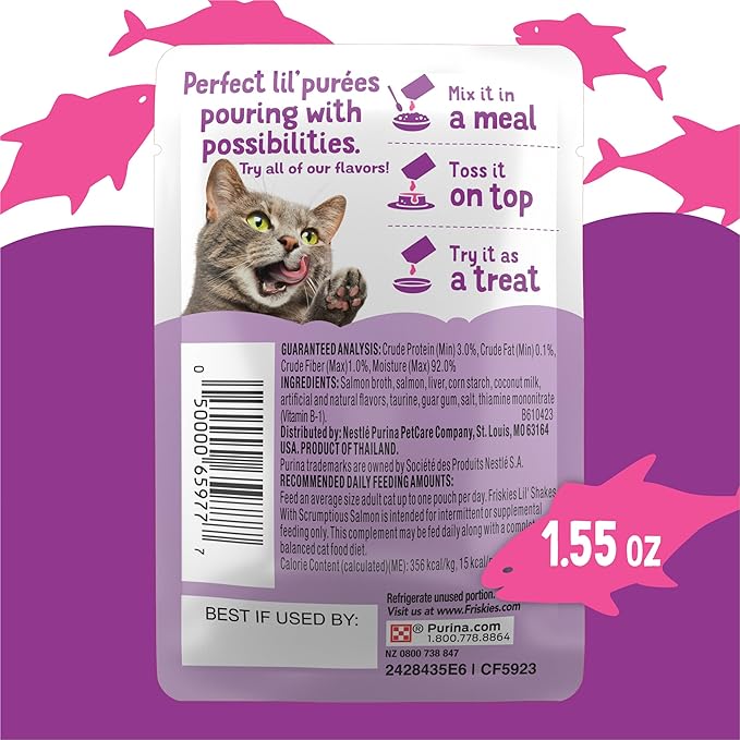 Friskies Purina Pureed Cat Food Topper,Lil’ Shakes with Scrumptious Salmon Lickable Cat Treats - 1.55 oz. Pouches,(Pack of 32)