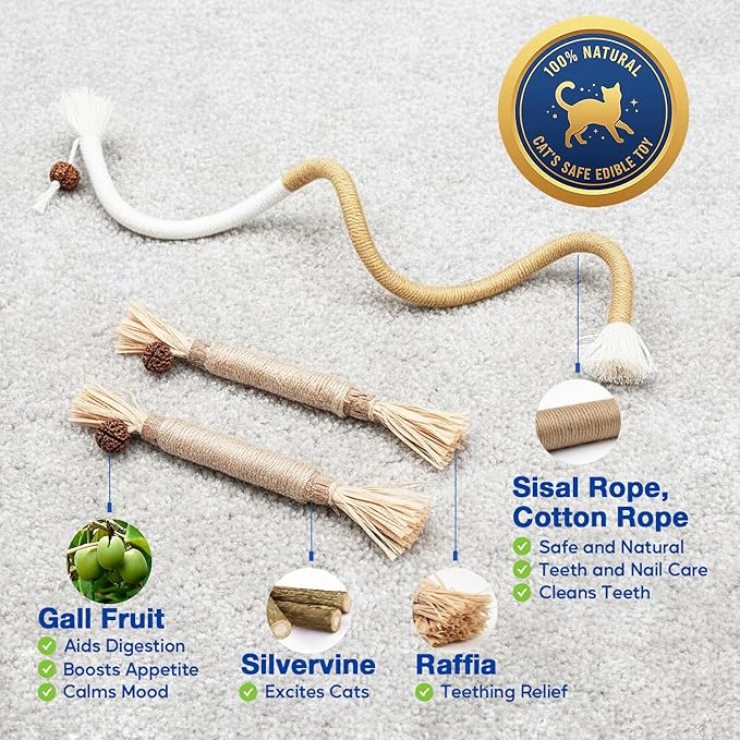 3-Pack Cat Chew Toys, Silvervine Sticks and Cat Chew Rope, Dental Care for Bored Indoor Cats, Interactive Toys with Refillable Catnip for Kittens Teeth Cleaning