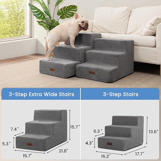Aodisman Dog Stairs for Small Dogs, 3-Step Non-Slip Pet Stairs for Couch Sofa and Chair, Dog Bed Stairs for Puppy, Older Cat,Grey,13.6" H