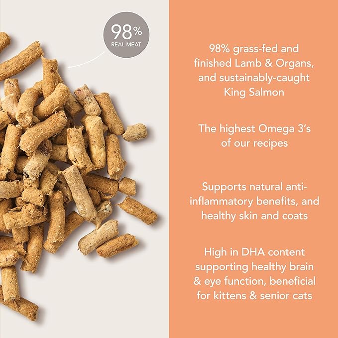 Feline Natural High Protein Dry Cat Food, Freeze-Dried Diet with 98% Meat, Organs & Seafood, No Peas, Grains, or Artificial Additives, Made in New Zealand, Lamb & King Salmon, 1.8lb