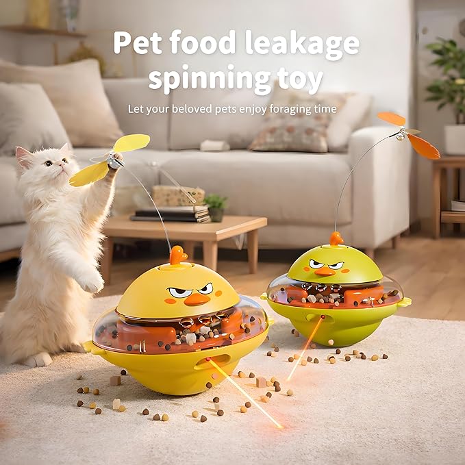 hooroor 4-in-1 Automatic Cat Toy Gift for Cat Owners, Interactive Laser & Feather Teaser with Bird Sounds, Treat Reward, Self-Balancing 360° Spinning Enrichment Exercise Toy for Bored Indoor Cats